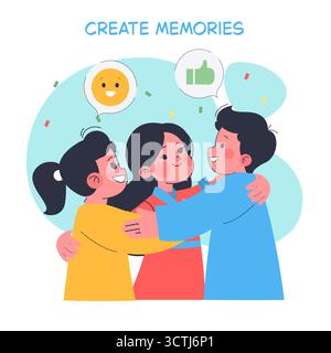 Vector illustration depicting three people sharing a group hug with cheerful expressions. Speech bubbles show a thumbs up and a smiley, emphasizing happiness and positive connection. Stock Vector