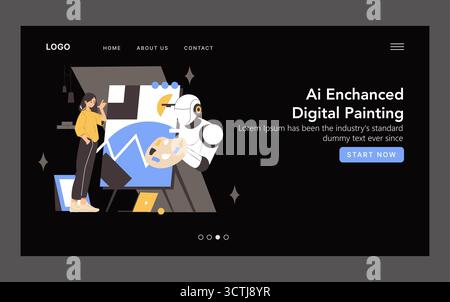 Vector illustration depicts a woman observing a robot creating digital artwork. The composition highlights the intersection of technology and creativity, emphasizing AI advancements in digital art. Stock Vector