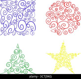 Set of textured design elements with fine square, circle, triangle, star forms on transparent background drawing in handwriting style Stock Vector