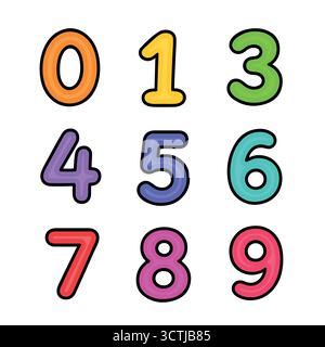 Bright and colorful vector illustration of numbers 0-9 in cartoon style. Each digit is designed in a different vibrant color with bold outline, isolat Stock Vector