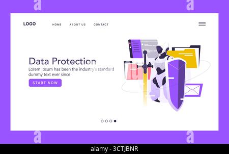 Data protection vector illustration featuring a robot holding a shield, symbolizing cybersecurity and safeguarding digital information. Ideal for security concepts and technology themes. Stock Vector