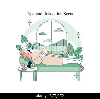 Woman enjoying a spa day with a facial treatment in a serene setting. Vector illustration shows her relaxing on a bed with a face mask and peaceful environment ideal for well-being and self-care. Stock Vector