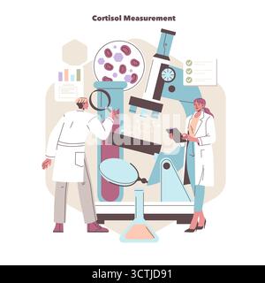 Scientists analyzing cortisol levels using advanced laboratory equipment. The illustration highlights the interaction between researchers and modern scientific tools in a lab setting. Stock Vector