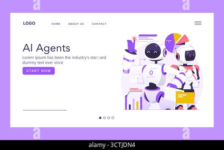 Vector illustration depicting AI agents in a modern interface with two robots interacting. The scene includes charts and data elements, representing technology and artificial intelligence concepts. Stock Vector