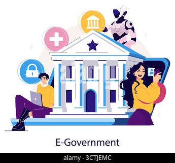 Vector illustration depicting e-government services with a futuristic touch. People and a robot interact with technology icons on a digital platform representing government integration. Stock Vector