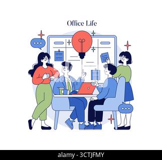 Vector illustration depicting a team brainstorming around a table. Members are engaged, exchanging ideas with a large board and a light bulb symbolizing creativity and innovation. Stock Vector