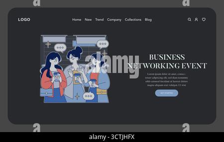 Business networking event illustration shows three people engaging in conversation with speech bubbles in a digital interface. The vector style emphasizes communication and interaction themes. Stock Vector