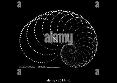 Fibonacci Sequence Spiral. Golden ratio. Geometric shapes Circles dots in golden proportion.  Minimalist snail shell form, Nautilus shell logo design. Stock Vector