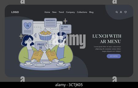 Vector illustration of two people using an AR menu during lunch. The display shows nutritional information and prices digitally. Augmented reality enhances the dining experience. Stock Vector