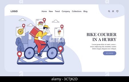 A bike courier with a red delivery bag rides swiftly through a cityscape, highlighting fast-paced urban delivery services. This vector illustration emphasizes speed and efficiency in food delivery. Stock Vector