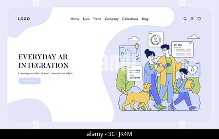 Vector illustration of a family integrating augmented reality in daily activities. The scene includes reminders, navigation, and fitness tracking displayed through digital overlays. Stock Vector