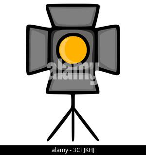 A stylized vector illustration of a spotlight with a bright yellow bulb and four gray panels, mounted on a simple tripod stand, isolated on a white ba Stock Vector