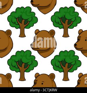 Seamless vector pattern featuring friendly brown bear faces and lush green trees on a white background, suitable for children's themes. Stock Vector