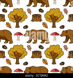 A charming seamless vector pattern featuring playful brown bears, autumnal trees with golden foliage, woodland stumps, acorns, and vibrant red-and-whi Stock Vector