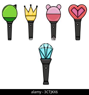 A collection of five distinct K-pop inspired lightstick vector illustrations, featuring unique shapes like a crown, heart, diamond, bear, and a simple Stock Vector