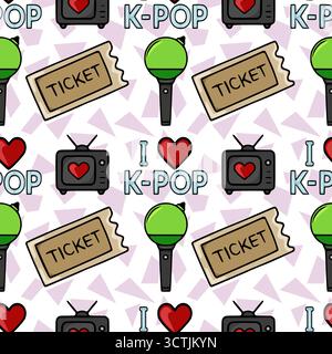 Seamless vector pattern featuring K-pop concert essentials like tickets, microphones, retro televisions, and hearts, set against a pastel geometric ba Stock Vector