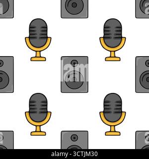 Seamless vector pattern featuring retro microphones and modern speakers in a flat, graphic style. Stock Vector