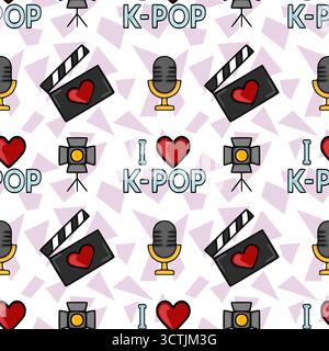 Seamless K-Pop music and film production themed vector pattern with microphones, clapperboards, spotlights, and hearts on a pastel geometric backgroun Stock Vector