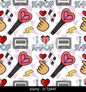 Seamless K-Pop fan culture vector pattern featuring iconic symbols like microphones, cassette tapes, hearts, and lightning bolts. Stock Vector