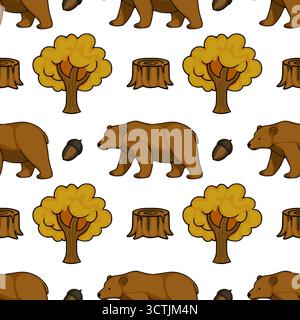 Seamless vector pattern featuring cartoon grizzly bears, autumnal trees, acorns, and tree stumps in a playful forest scene. Stock Vector