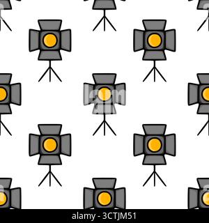 A seamless vector pattern featuring a repeating motif of a stylized stage spotlight with a bright yellow illuminated bulb and grey barn doors, set aga Stock Vector