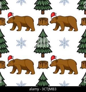 Seamless vector pattern featuring cartoon bears in Santa hats, pine trees, and snowflakes on a white background. Stock Vector