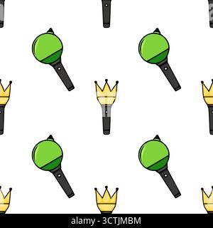 Seamless vector pattern featuring stylized green light sticks and golden crowns on a white background. Stock Vector