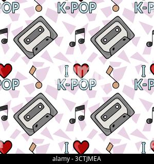 A vibrant vector seamless pattern celebrating K-Pop culture with iconic cassette tapes, musical notes, and bold "I Love K-Pop" text against a pastel g Stock Vector