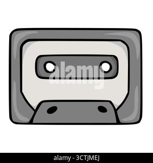 A simple, clean vector illustration of a classic grey cassette tape with a light gray label and black spool holes, isolated on a white background. Stock Vector