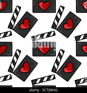 Seamless vector pattern of clapperboards with red hearts, perfect for romantic film themes. Stock Vector