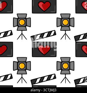 Seamless vector pattern featuring charming hand-drawn film production elements like spotlights and clapperboards with a prominent red heart motif, set Stock Vector