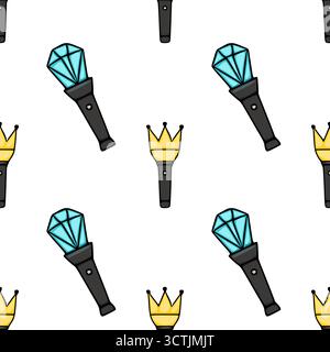 Seamless vector pattern featuring stylized K-pop concert light sticks with diamond tops and golden crowns, set against a clean white background. Stock Vector