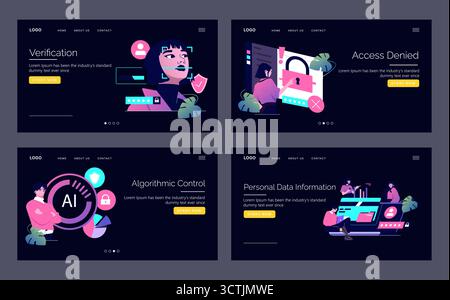 Vector illustrations depicting digital security concepts. One features verification using facial recognition technology, while another shows access denied with a padlock symbol on a screen. Stock Vector