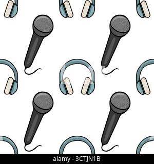 Seamless cartoon vector pattern of microphones and headphones, ideal for music-themed backgrounds. Stock Vector