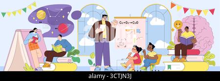 Vector illustration of a diverse group engaged in educational activities, featuring students reading and a teacher explaining a chemistry topic. Vibrant visuals promote learning and creativity. Stock Vector