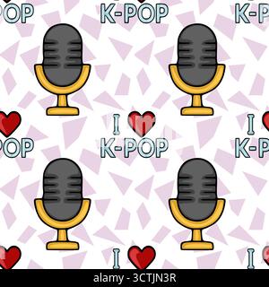 Seamless vector pattern featuring retro microphones and "I love K-POP" text with heart symbols on a pastel abstract background. Stock Vector