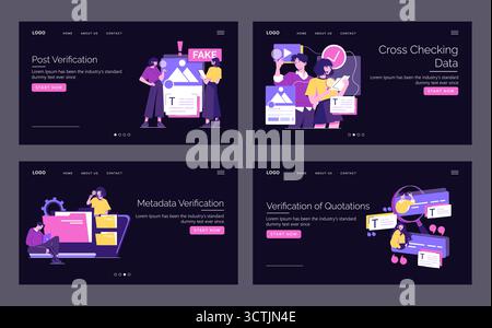 Vector illustrations depicting digital verification processes, including post verification, cross-checking data, metadata verification, and quotation verification. Vibrant visuals highlight teamwork. Stock Vector