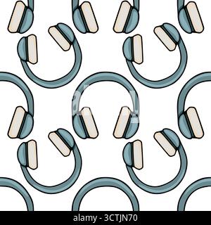 Seamless vector pattern of stylized teal headphones with cream earcups and black outlines, creating a retro music theme. Stock Vector
