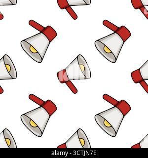 Seamless repeating vector pattern of retro-style megaphones with red handles and gray bells, set against a clean white background, evoking a sense of Stock Vector