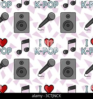 Seamless repeating vector pattern featuring K-Pop music icons: microphones, speakers, musical notes, and hearts, set against a pastel geometric backgr Stock Vector