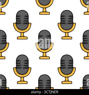 Seamless vector pattern of retro microphones with golden accents on a white background. Stock Vector