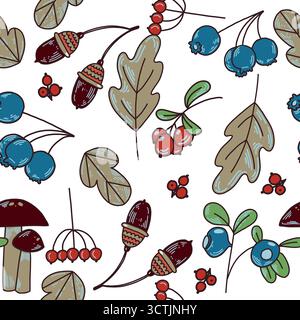 Seamless vector pattern of autumn leaves, rowan berries, mushrooms and blueberries. All objects are hand-drawn in vector. The illustration is suitable Stock Vector