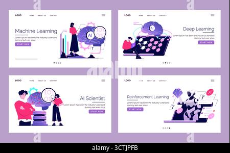 Vector illustration set showcasing concepts of machine learning, deep learning, AI scientists, and reinforcement learning. Engaging visuals with people and digital elements. Stock Vector