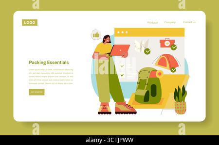 Vector illustration of a person using a tablet to plan travel packing essentials, including a camping backpack, first aid kit, and map. The image showcases efficient trip preparation. Stock Vector