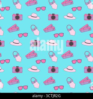 A colourful seamless pattern displays various summer vacation icons. Sunglasses, swimsuits, cameras, suitcases, and sun hats are featured on a light blue background. Stock Vector