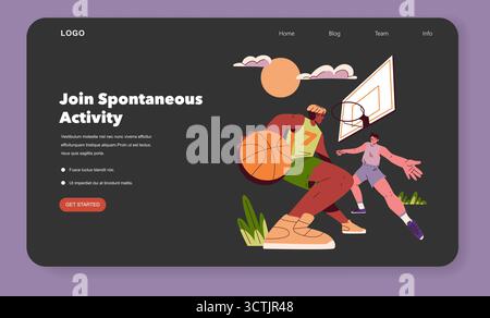 Vector illustration of two basketball players in a dynamic game moment. One player dribbles the ball while the other defends fiercely. Includes call-to-action text for activity. Stock Vector