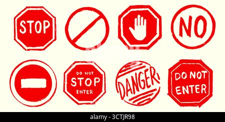 Stop signs made with paintbrush in grungy style. Do not enter vehicle and pedestrian icons as symbol to protest or caution Stock Vector