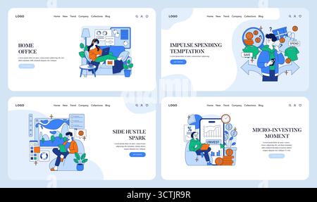 Set of vector illustrations depicting home office, impulse spending, side hustle, and micro-investing. Individuals are engaged in various financial and creative activities, showcasing planning and budget management. Stock Vector