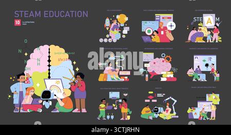 STEAM education vector illustration set highlighting interactive learning with students engaging in science, technology, engineering, art, and math activities, featuring diverse teamwork and innovation. Stock Vector