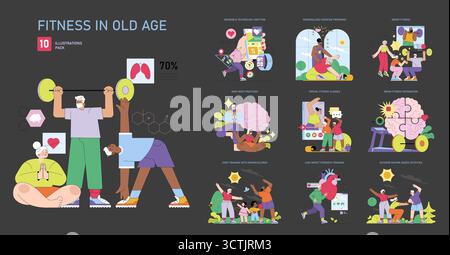 A collection of vector illustrations showcasing elderly individuals engaging in various fitness activities. Emphasizes physical and mental health through exercise and mindfulness practices. Stock Vector